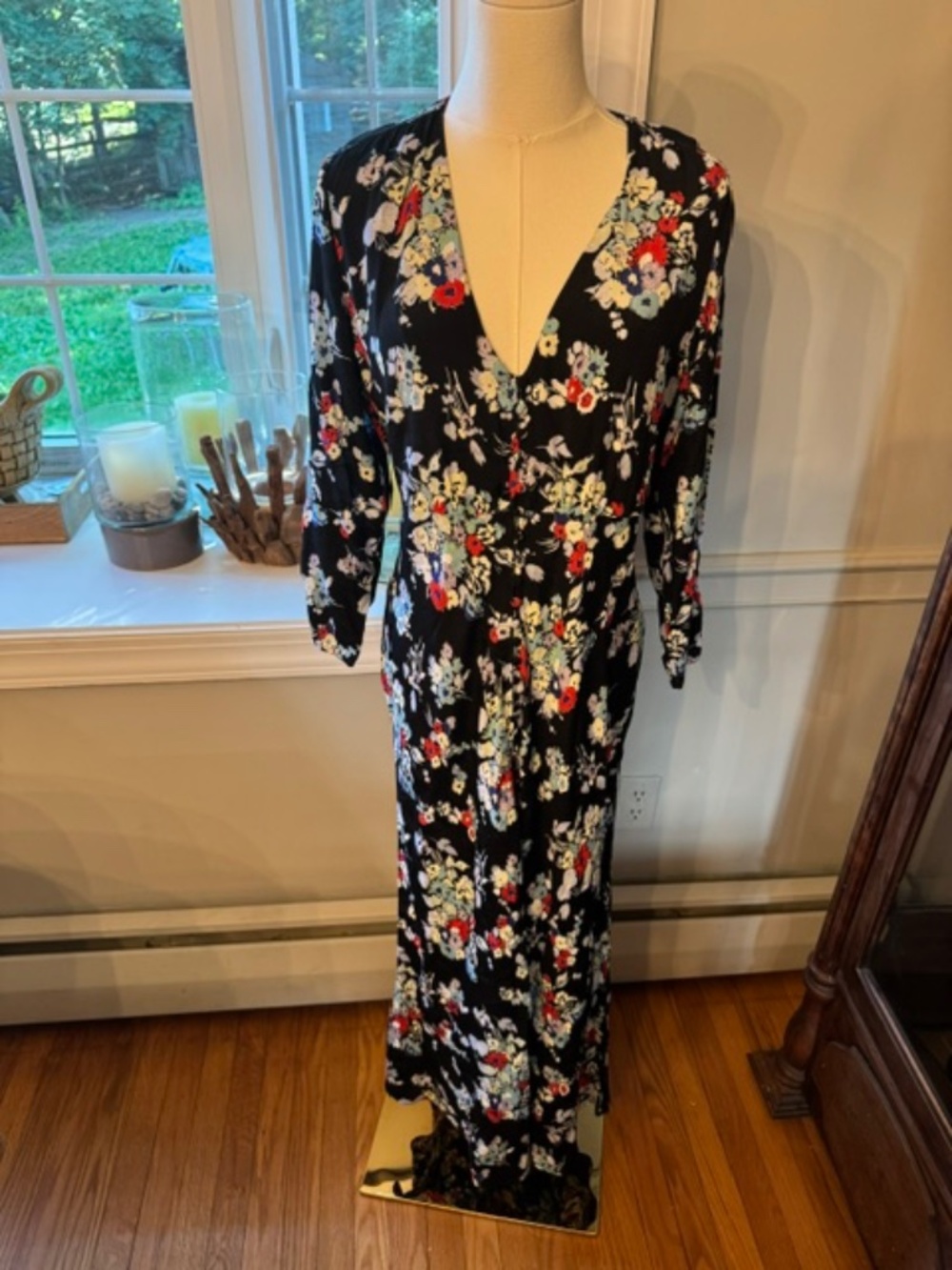 NWT Rixo Katie Floral Midi Dress Large Silk Blend Long Sleeve Button Front Dress